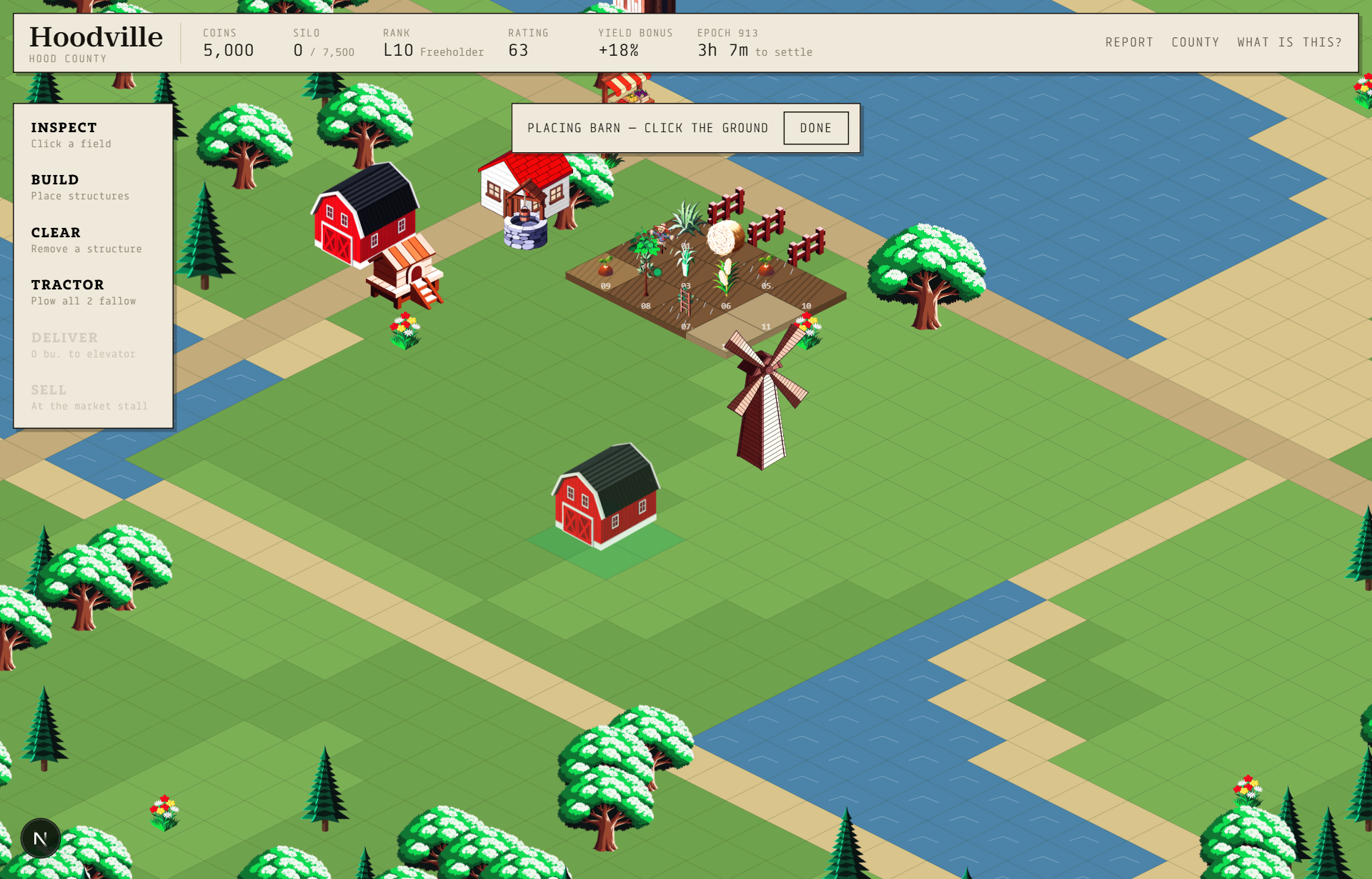 Build mode with a barn ghost showing a valid green footprint