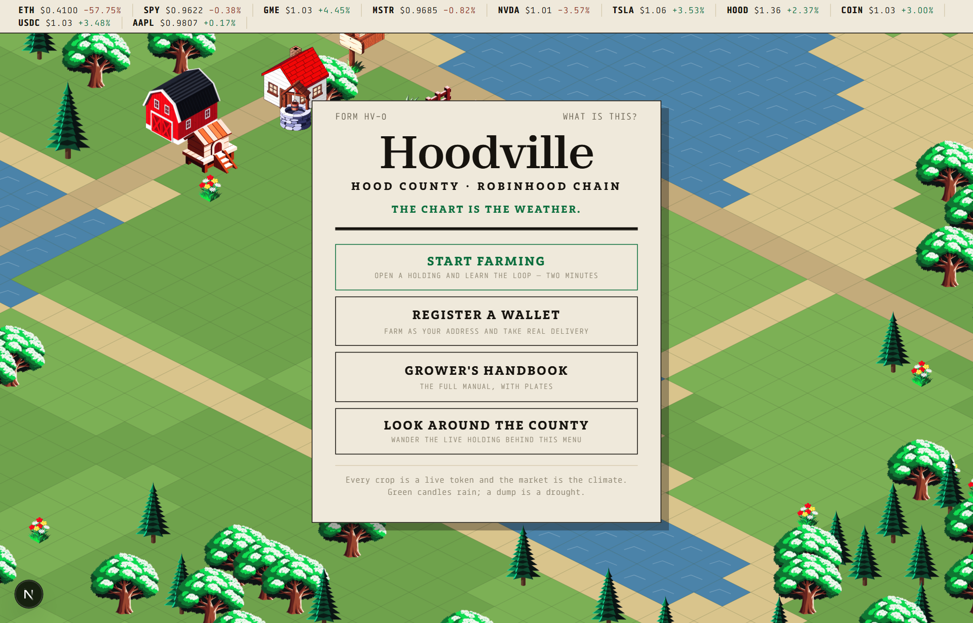 The main menu over the county, with Start Farming highlighted