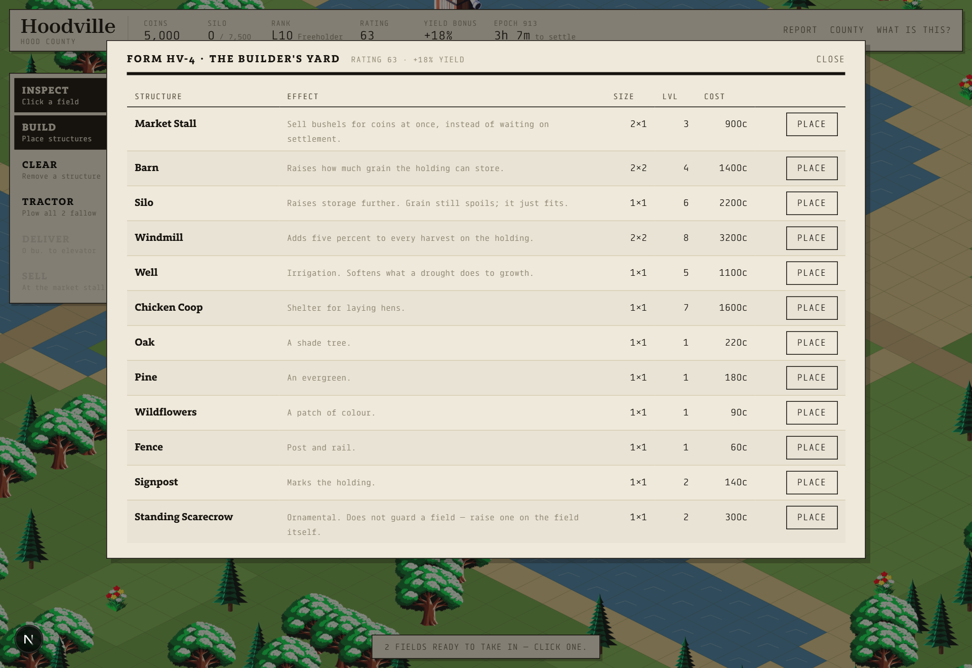 The builder's yard listing structures, effects, sizes and costs