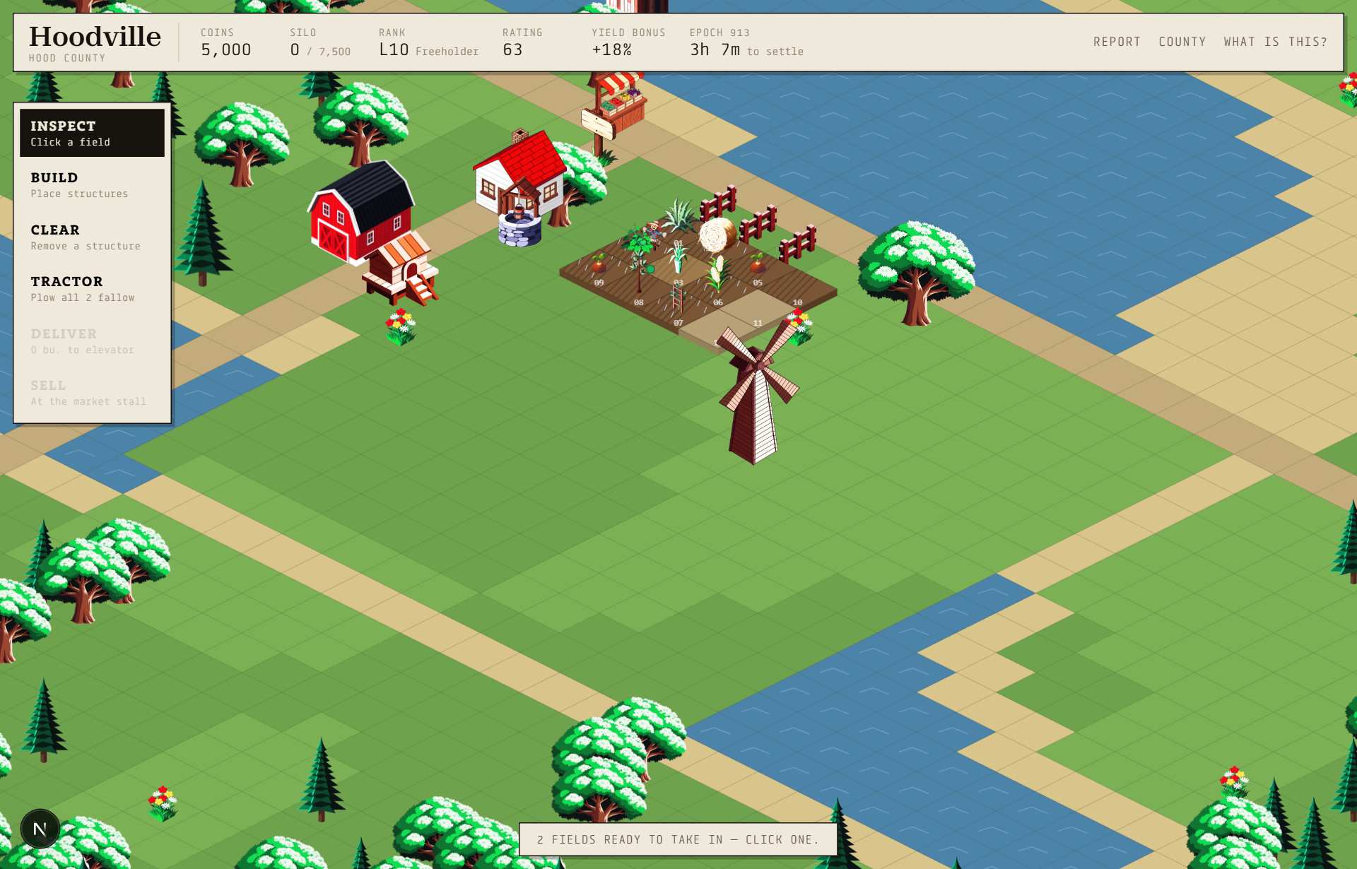 The isometric county with fields, farmhouse, barn and windmill